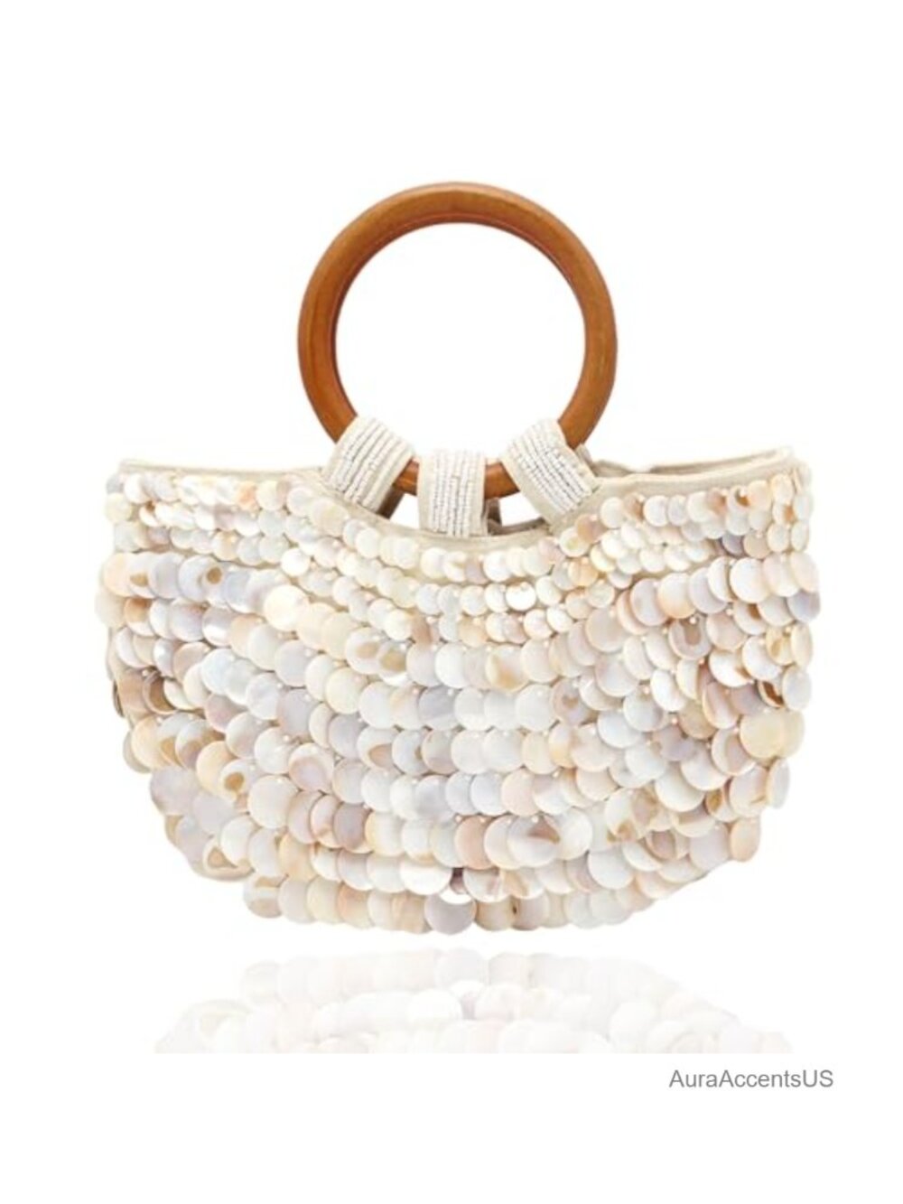 Handmade Seashell Beaded Clutch Beach Purse with Wooden Handle